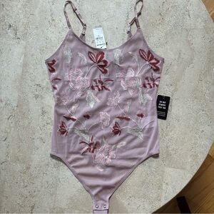Express light purple sheer Embroidered Bodysuit‎